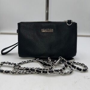 Kenneth Cole Reaction Black Pebbled Faux Leather Wristlet Clutch Chain Strap